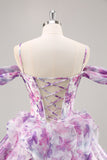 Purple Cold Shoulder A Line Printed Corset Homecoming Dress With Ruffles