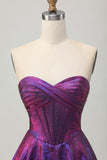 Dark Purple Metallic Strapless Corset A Line Homecoming Dress