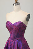Dark Purple Metallic Strapless Corset A Line Homecoming Dress
