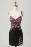 Bodycon Sequin Flower Spaghetti Straps Black Homecoming Dress