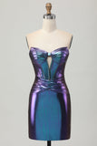 Metallic Blue Purple Strapless Keyhole Corset Tight Homecoming Dress