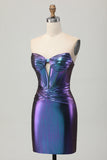 Metallic Blue Purple Strapless Keyhole Corset Tight Homecoming Dress