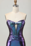 Metallic Blue Purple Strapless Keyhole Corset Tight Homecoming Dress