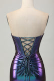 Metallic Blue Purple Strapless Keyhole Corset Tight Homecoming Dress