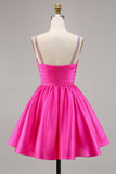 Fuchsia A Line Satin Homecoming Dress with Beading