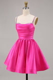Fuchsia A Line Satin Homecoming Dress with Beading