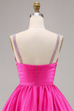 Fuchsia A Line Satin Homecoming Dress with Beading