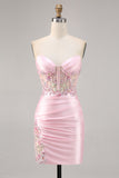 Candy Pink Satin Bodycon Short Corset Homecoming Dress with Appliques