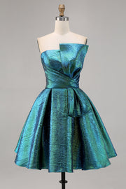 Peacock Green Metallic Strapless A Line Homecoming Dress