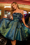 Peacock Green Metallic Strapless A Line Homecoming Dress
