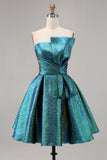 Peacock Green Metallic Strapless A Line Homecoming Dress