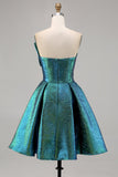 Peacock Green Metallic Strapless A Line Homecoming Dress
