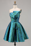 Peacock Green Metallic Strapless A Line Homecoming Dress