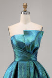Peacock Green Metallic Strapless A Line Homecoming Dress