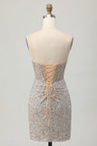 Sparkly Silver Strapless Tight Homecoming Dress With Slit
