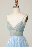 Sparkly Light Blue V Neck Sequins A Line Homecoming Dress