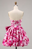 Fuchsia Printed Strapless Homecoming Dress with Bow