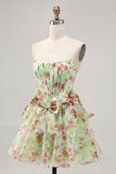 Floral Strapless A Line Corset Green Homecoming Dress