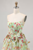 Floral Strapless A Line Corset Green Homecoming Dress