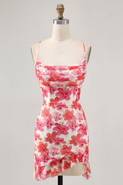 Red Flower Bodycon Spaghetti Straps Printed Mini Homecoming Dress