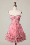 Floral Printed A Line Strapless Ruffled Red Homecoming Dress