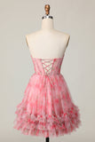Floral Printed A Line Strapless Ruffled Red Homecoming Dress