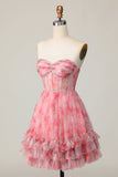 Floral Printed A Line Strapless Ruffled Red Homecoming Dress
