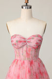 Floral Printed A Line Strapless Ruffled Red Homecoming Dress