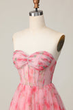 Floral Printed A Line Strapless Ruffled Red Homecoming Dress