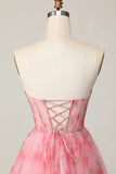 Floral Printed A Line Strapless Ruffled Red Homecoming Dress