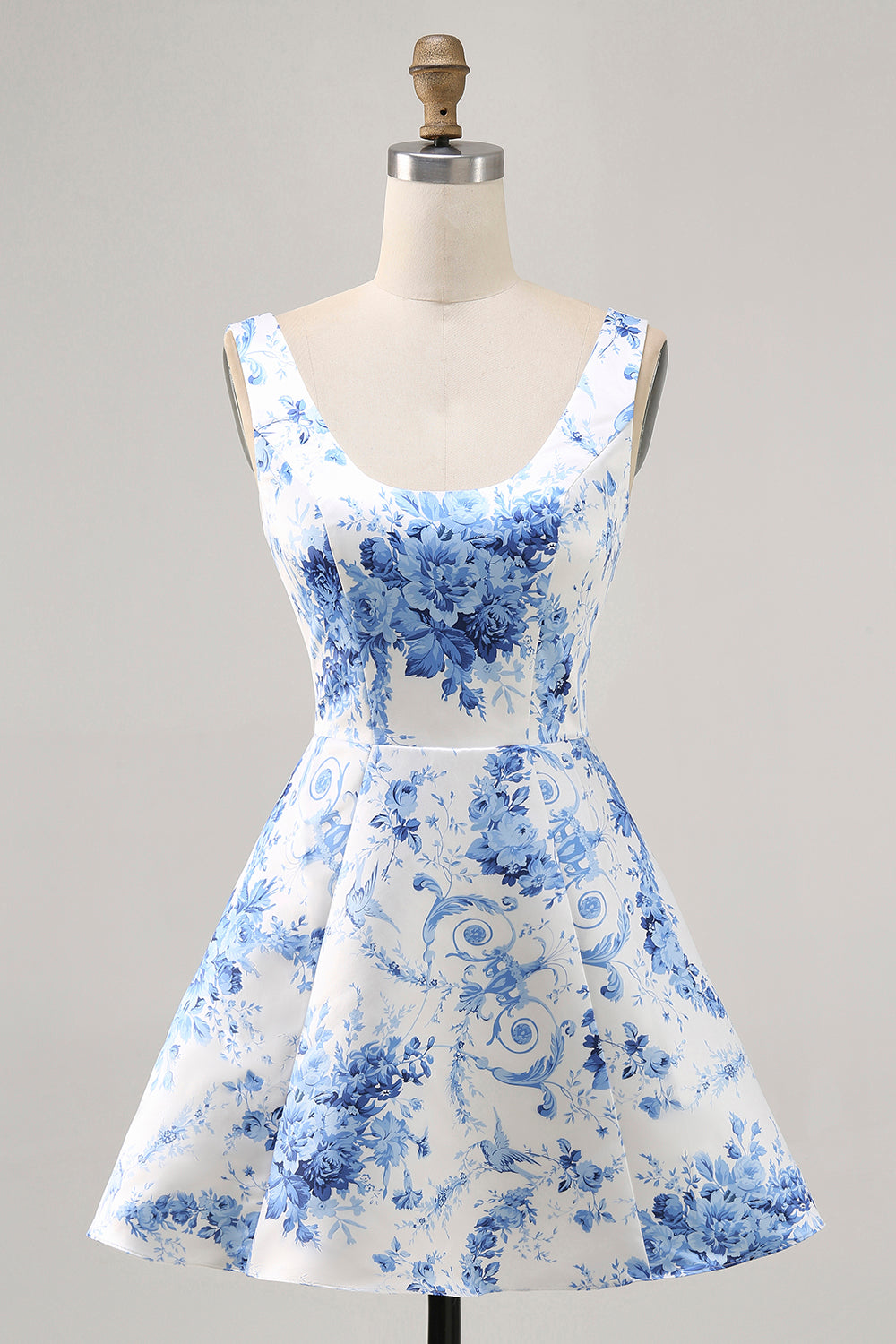 Berylove Women Floral Homecoming Dress White Blue Printed A Line V-Neck Cocktail Dress Berylove Women Floral Homecoming Dress White Blue Printed A Line V-Neck Cocktail Dress
