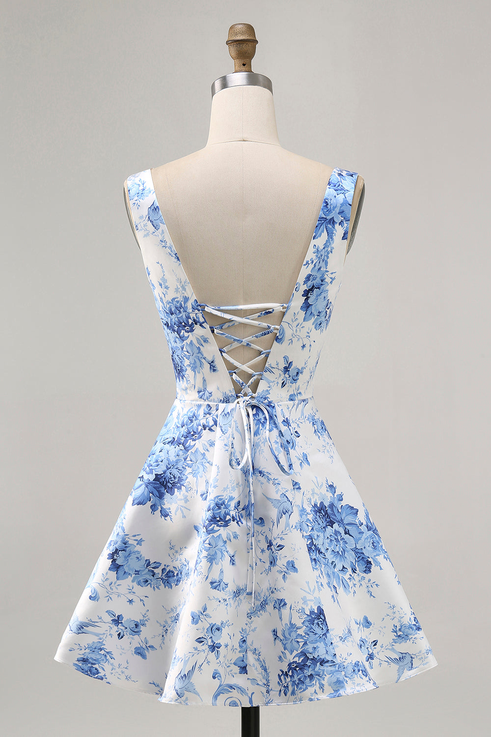 Berylove Women Floral Homecoming Dress White Blue Printed A Line V-Neck Cocktail Dress Berylove Women Floral Homecoming Dress White Blue Printed A Line V-Neck Cocktail Dress