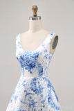 White Blue Flower Printed A Line Short Homecoming Dress
