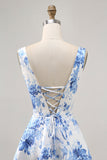 White Blue Flower Printed A Line Short Homecoming Dress