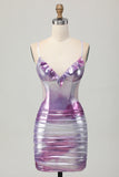 Silver Purple Bodycon Ruched V Neck Homecoming Dress