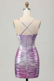 Silver Purple Bodycon Ruched V Neck Homecoming Dress