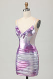 Silver Purple Bodycon Ruched V Neck Homecoming Dress