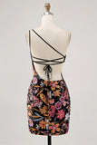 Black Flower Bodycon One Shoulder Homecoming Dress with Sequins