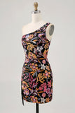Black Flower Bodycon One Shoulder Homecoming Dress with Sequins