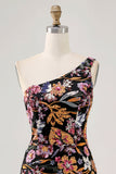 Black Flower Bodycon One Shoulder Homecoming Dress with Sequins