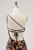 Black Flower Bodycon One Shoulder Homecoming Dress with Sequins