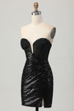 Black Bodycon Strapless Sequin Homecoming Dress with Slit