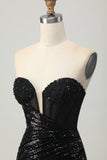 Black Bodycon Strapless Sequin Homecoming Dress with Slit