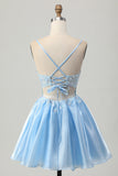 Blue A Line Cut Out Corset Homecoming Dress with Appliques