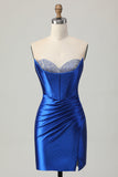Beaded Strapless Tight Royal Blue Homecoming Dress with Slit