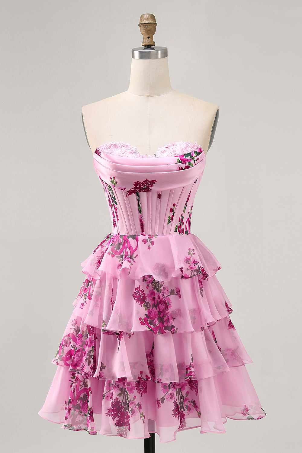 Berylove Women Pink Floral Homecoming Dress Strapless Corset A Line Tiered Mini Cocktail Dress, Pink / US22W Berylove Women Pink Floral Homecoming Dress Strapless Corset A Line Tiered Mini Cocktail Dress, Pink / US22W