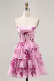 Pink Floral A Line Strapless Tiered Corset Homecoming Dress with Lace Up Back