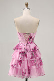 Pink Floral A Line Strapless Tiered Corset Homecoming Dress with Lace Up Back