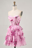 Pink Floral A Line Strapless Tiered Corset Homecoming Dress with Lace Up Back