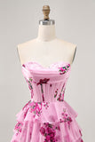 Pink Floral A Line Strapless Tiered Corset Homecoming Dress with Lace Up Back